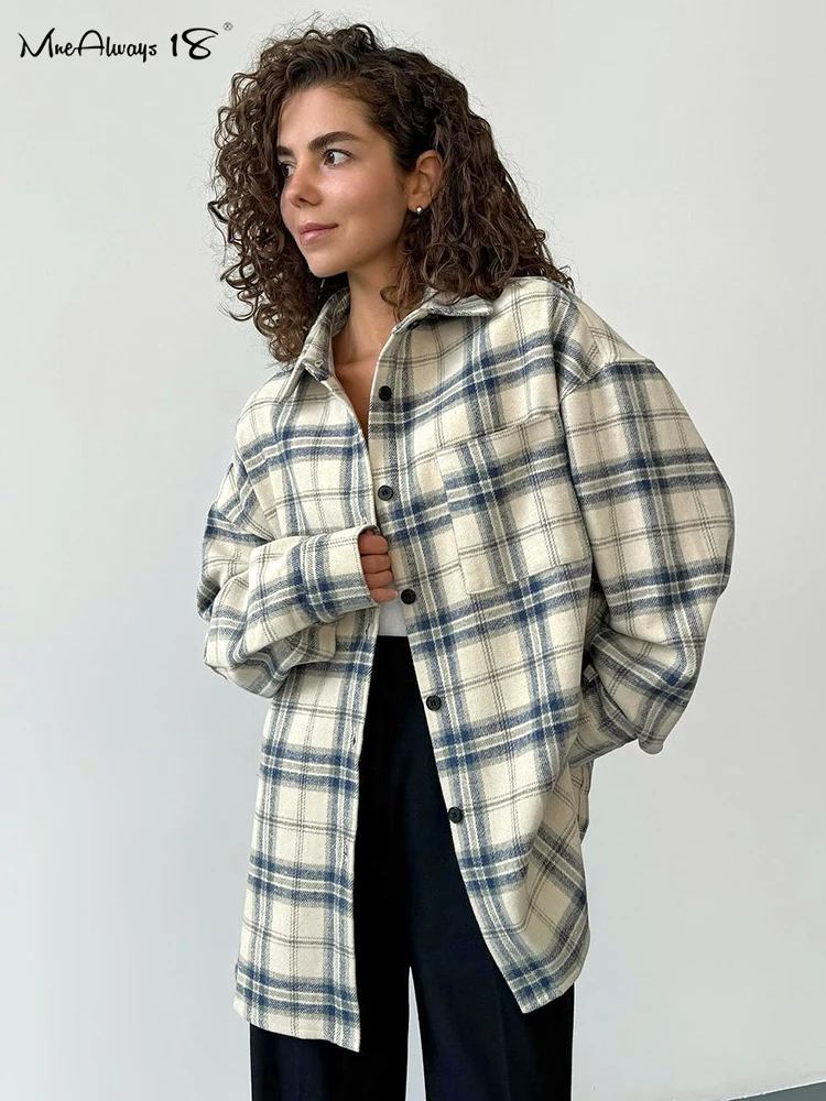 Mnealways18 Street Style Oversize Plaid Shirts Womens Turn Down Collar Checkered Blouses And Tops Spring 2025 Long Sleeves Loose