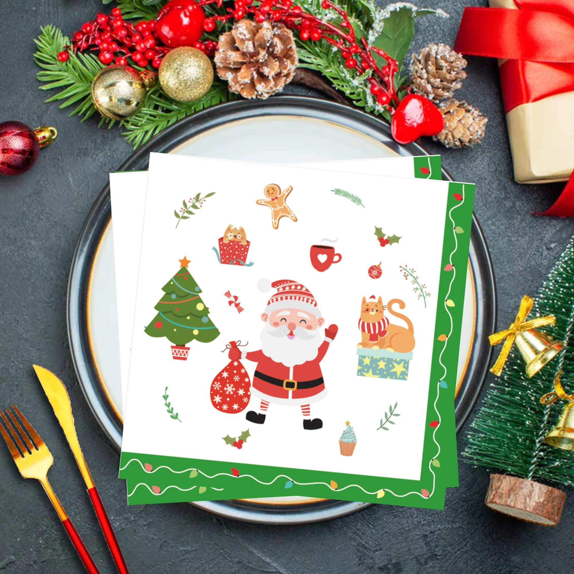 20 Pcs Cartoon Santa Claus Theme - Christmas Tree, Gingerbread Man, Holly Branches Paper Napkins, Perfect for Xmas Party, Crafts