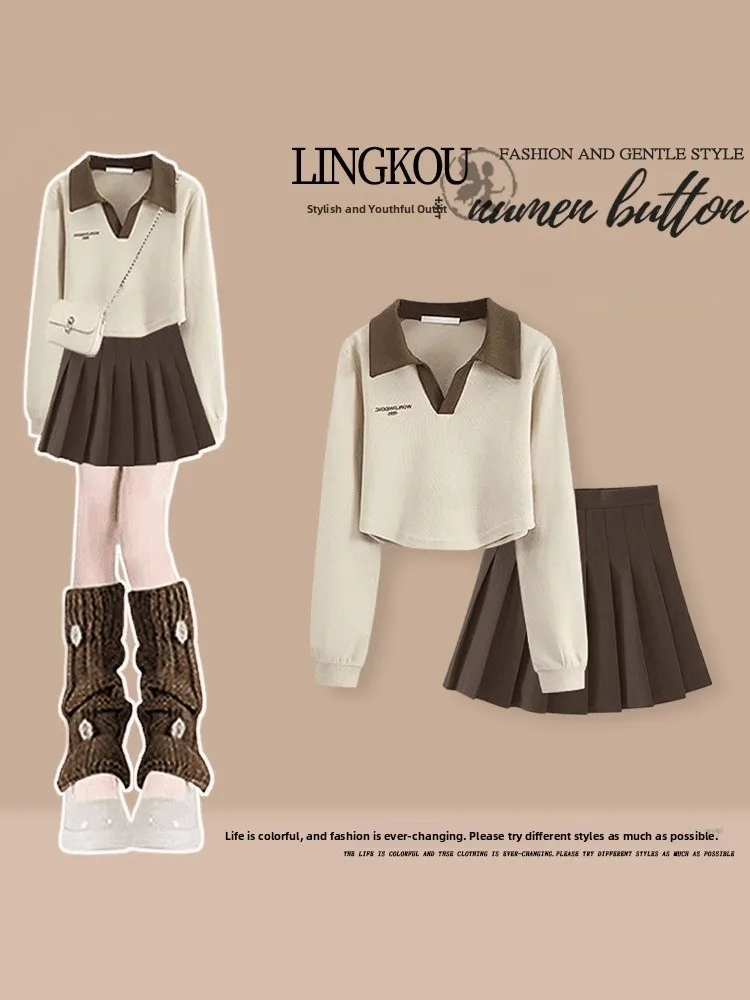 

Korean Style College Girl Outfit Short Sleeve Long Dress Casual Skirt Set High Waist Short Length Fashionable Autumn Wear