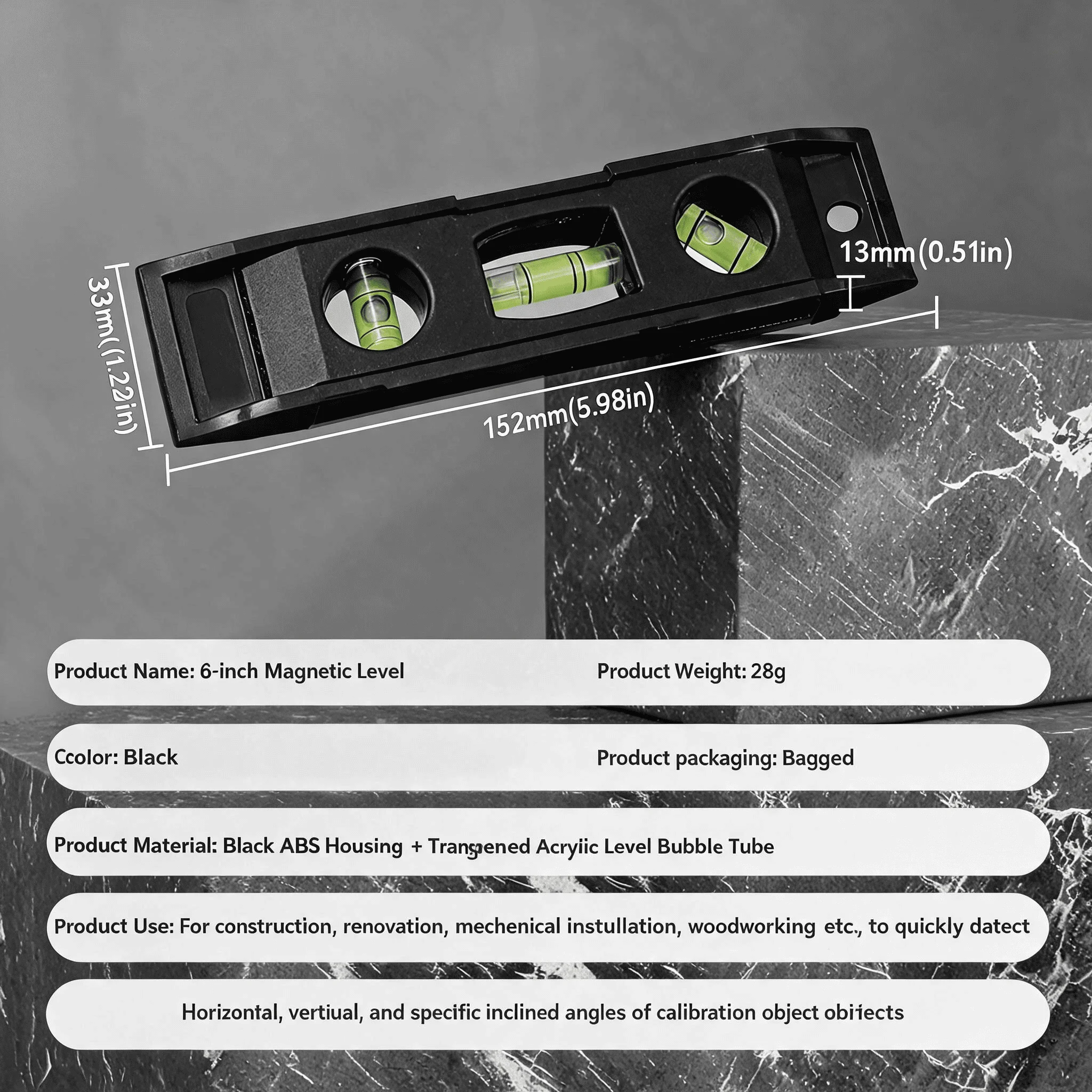 3-Blasen-Wasserwaage, Magnetisches Nivellierwerkzeug, Stoßfester Mini-Neigungsmesser, Horizontale Messlehre für Tischlerei und DIY, Ausrichter – Detail 3