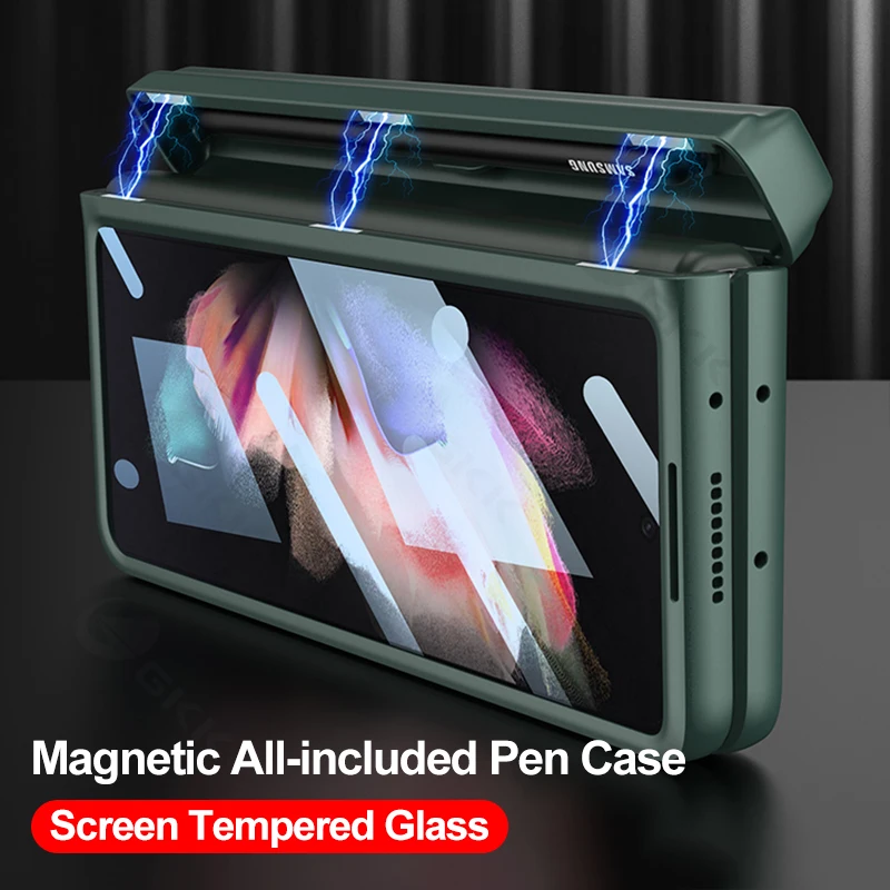 Magnetic Hinge All-included Pen Slot Cover For Samsung Galaxy Z Fold 3 Case Screen Tempered Glass For Galaxy Z Fold3 4 Cover