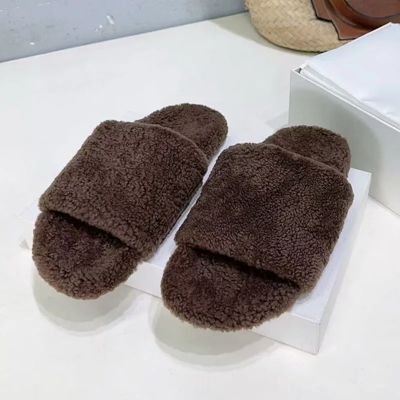 

New Lamb Wool Open Toe One Strap Slippers Women Solid Color Flat Bottom Lazy Slippers Autumn Winter Outerwear Warm Slippers