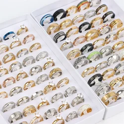 20Pcs/Lot Fashion Zircon Crystal Stainless Steel Ring For Men Women Mixed Color Multi Style Jewelry Wedding Party Gift Wholesale