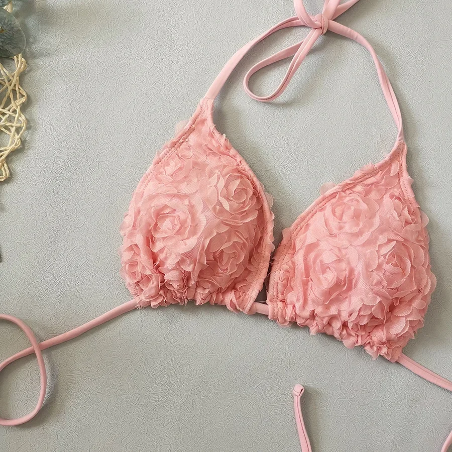 Sexy rose maille fleur chaîne licou micro mini bikinis ensembles 3 pièces avec jupe de couverture maillots de bain maillot de bain maillot de bain biquini tankini