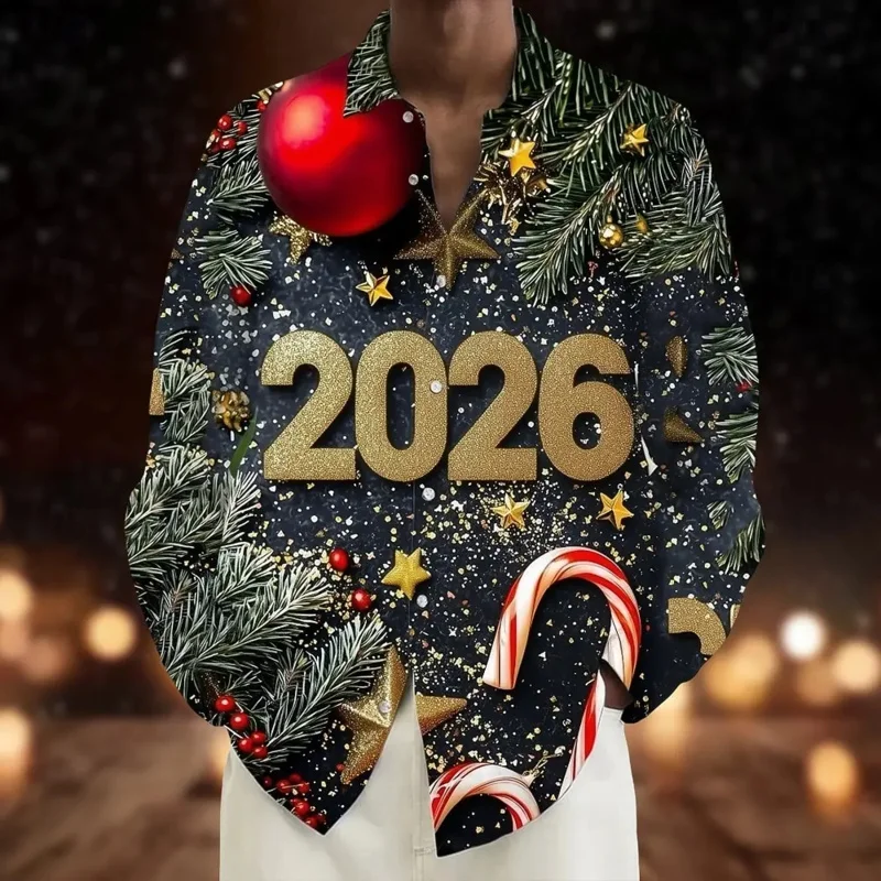 2026 Camisa con adornos navideños de Feliz Año Nuevo para hombre, camisa con botones, manga larga, divertida, para vacaciones al aire libre, primavera, Otoño e Invierno