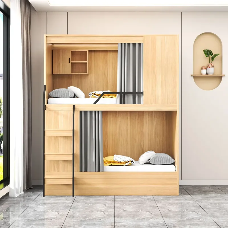 Solid Wood Bunk Bed Full Size Space Capsule Design Heavy Duty Frame for Apartment Hostel Dormitory Rental Easy Assembly No