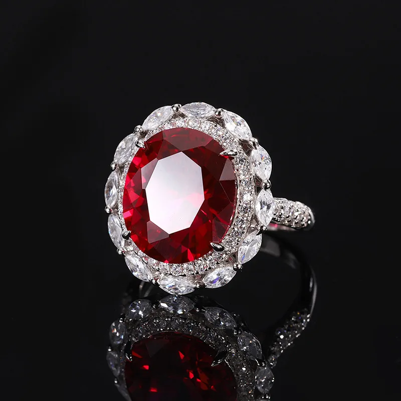 S925 Full body Silver Colorful Treasure Red Treasure Blue Treasure Full Diamond Closed Ring Main Stone 12 * 14