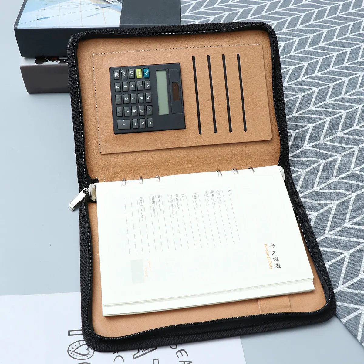 PU A5 Zipper Notebook Business Notepad with Calculator 4 Card Slots Large Cash Pocket 6 Ring Binder Loose Leaf Pad Pen