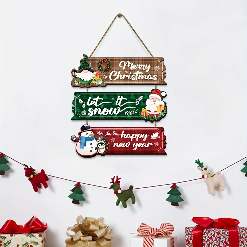 A Set Of 3 Christmas Hanging Wall Plywood Holiday Signs With Santa Claus, Snowman, And Reindeer - Seasonal Farmhouse Art