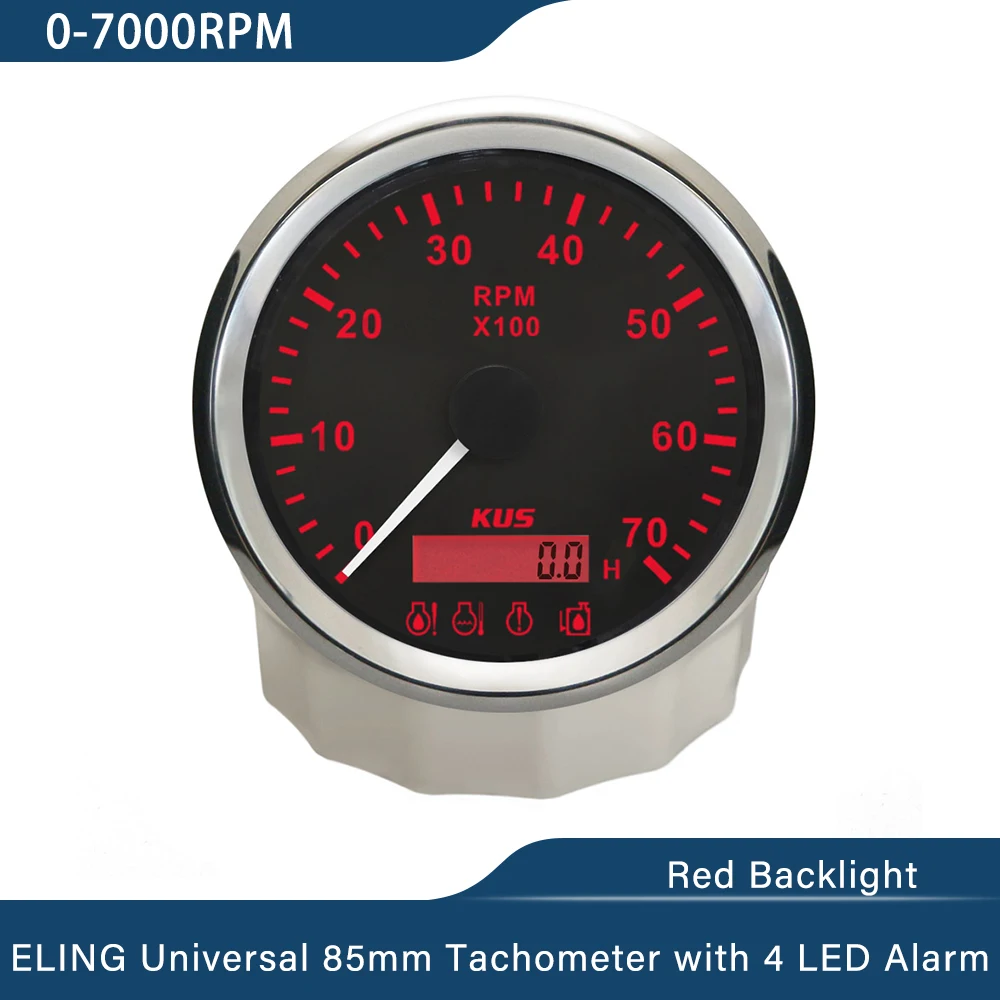 KUS 85mm Tachometer 0-7000RPM with Hourmeter and 4-LED Alarm Red Backlight for 12VDC Motorcycle Boats Yacht Universal