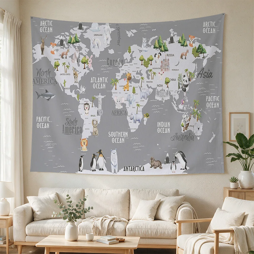 Large World Map Tapestry Wall Decor Nautical Ocean Geography Print for Living Room Bedroom Nursery