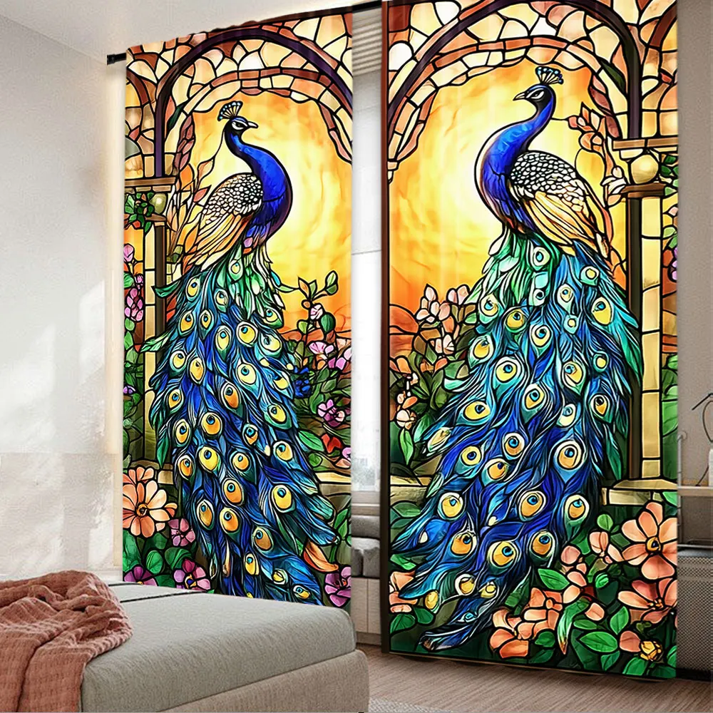 

2Pcs Peacock Flower Glass Window Painted Curtains Suitable For Multiple Rooms Bedroom Office Kitchen Living Room Study Bathroom