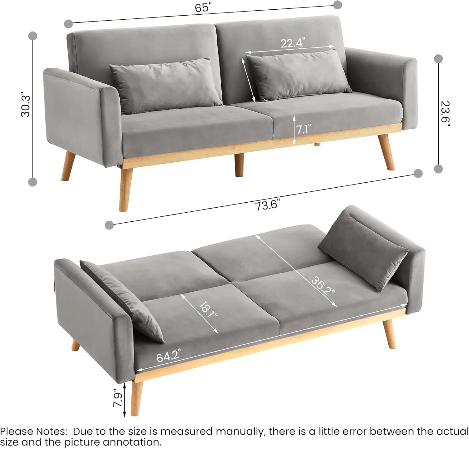 Dklgg Grey Futon Sofa Bed, Velvet Convertible Sofa Couch Sleeper With Wood Legs & 2 Pillows, Upholstered Loveseat For Small