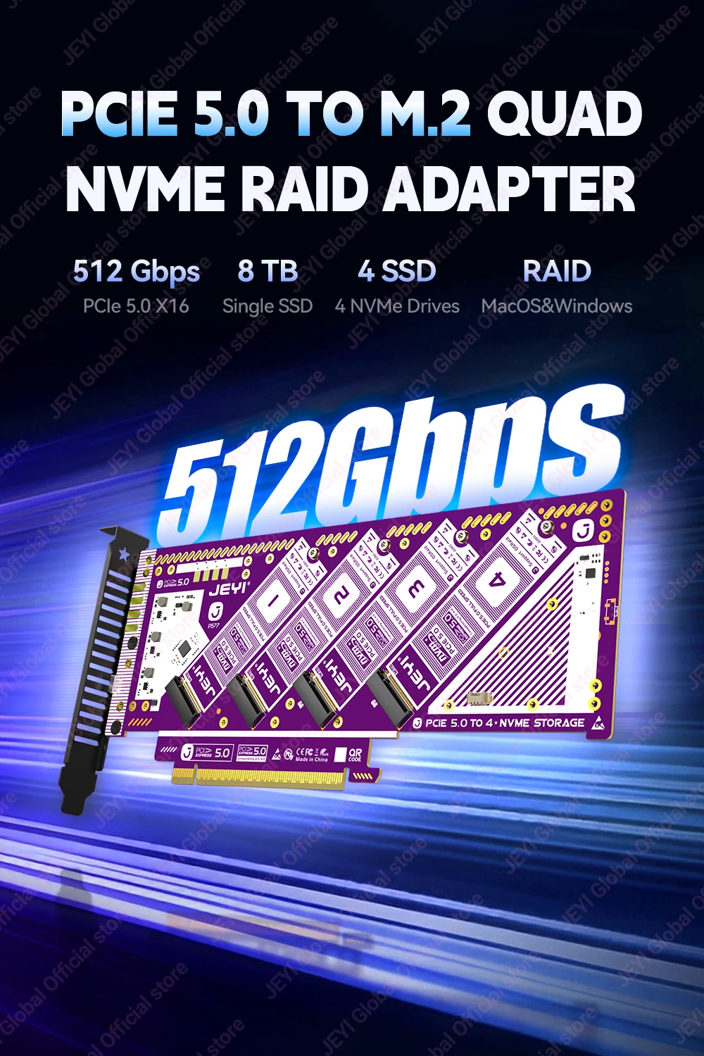 JEYI 4-Bay PCIe 5.0 X16 Quad M.2 Erweiterungskarte NVMe RAID 0/1/5/JBOD Adapter 512 Gbit/s Geschwindigkeit 8 TB pro SSD Kompatibel PCIe 4.0/3.0 – Detail 1