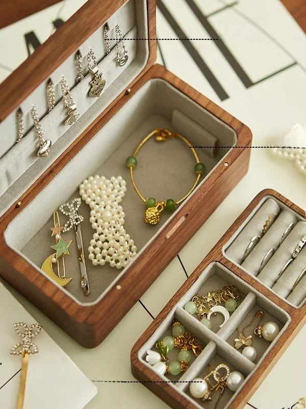 Portable Double Layer Small Black Walnut Wood Jewelry Box Elegant Home Decoration Storage Organizer for Bedroom Desktop