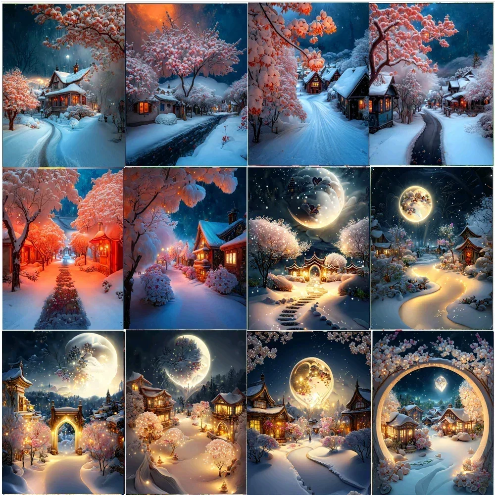 DIY 5D Diamond Painting By Number Snow Scenery Flower House Set for Embroidery Square Diamond Mosaic Cross Stitch Art Gifts