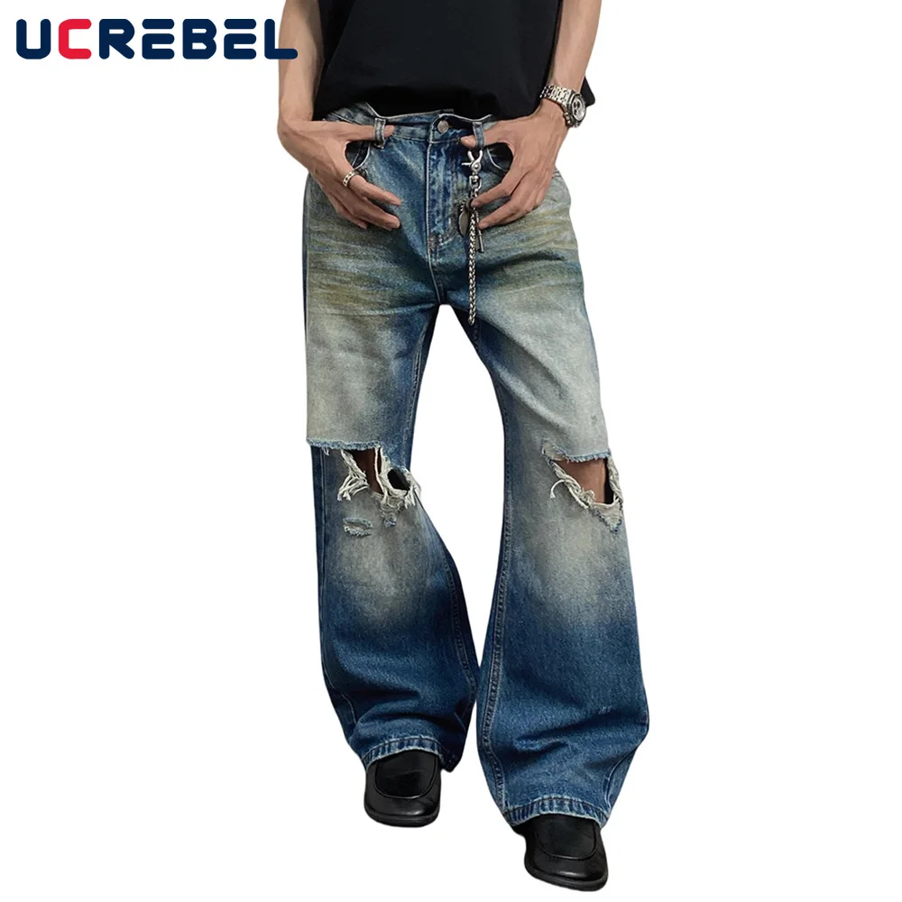 Gradient ย้อม Ripped กางเกงยีนส์ Mens High Street Retro ล้าง Distressed ตรง Baggy ขากว้างกางเกงผู้ชาย