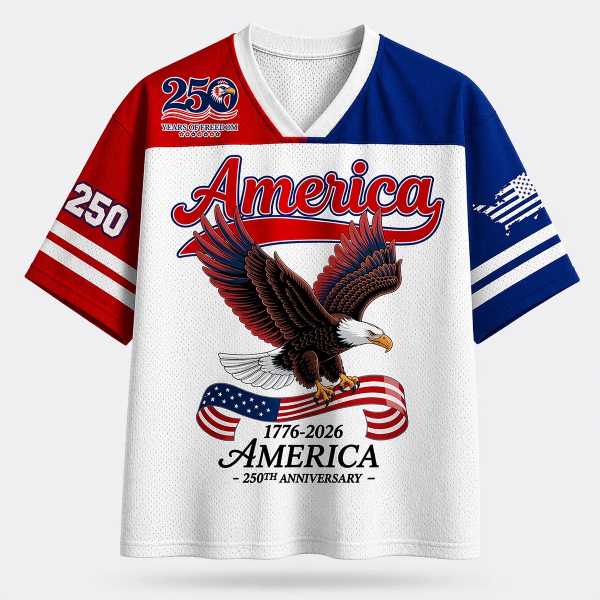 America 250th Anniversary Bald Eagle Flag Number 250 Print V Neck Jersey Red White Blue Color Block Patriotic Holiday Sports Top