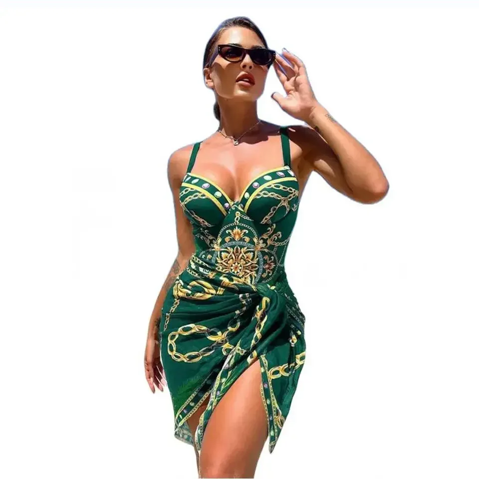 

2025 Women One Piece Wired Monokini + Wrapped Skirt Black/Blue/Green Chain Printed Sexy Slim Fit Hanging Straps Hard Pack Bikini