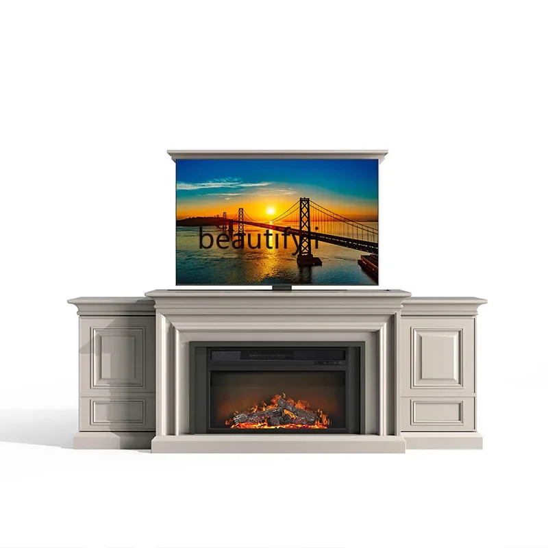 

Cream wind fireplace TV cabinet Electronic simulation fire decorative Hidden intelligent electric lifting integrated cabinet