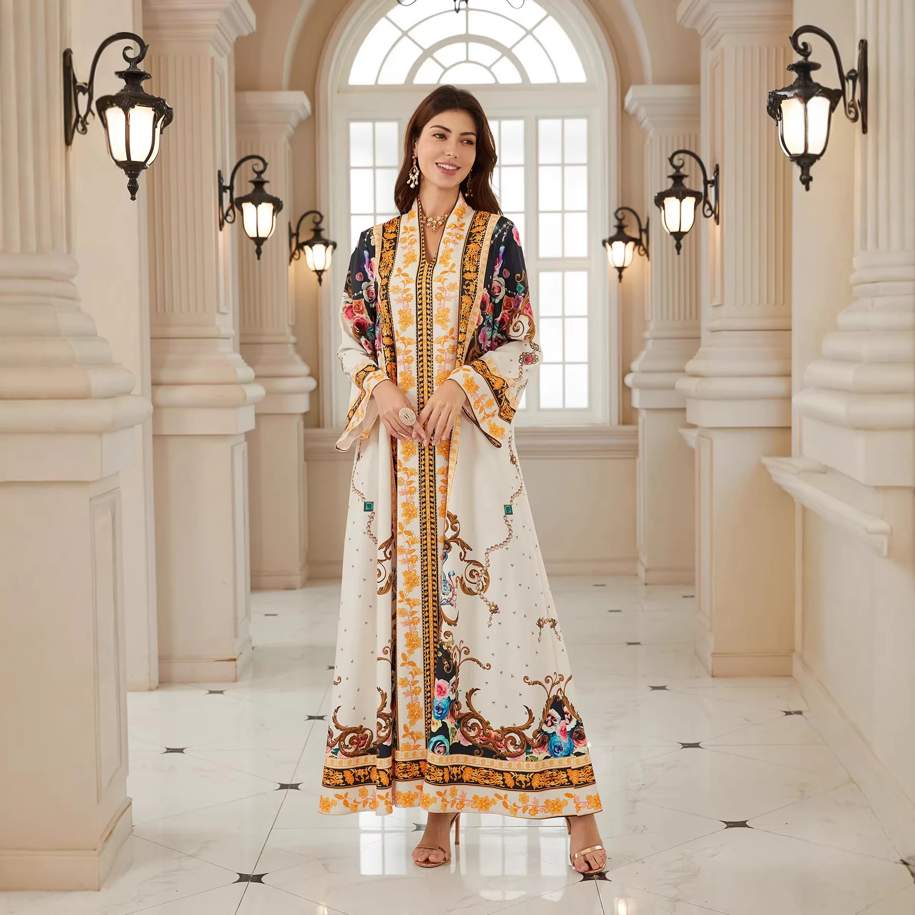 European American Muslim Women Printed V-neck Long Sleeve Sparkly Diamond Studded Loose Elegant Luxury Jalabiya Female Clothes