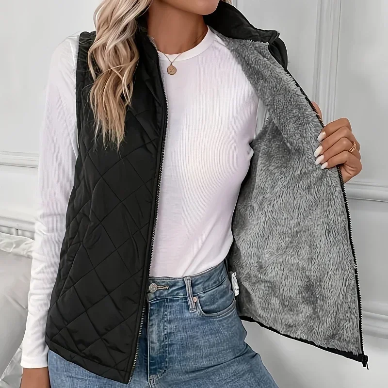 Solid Zipper Quilted Vest Versatile Sleeveless Winter Warm Vest Coat Outwear Stand Collar Lightweight Vest Jacket for Women