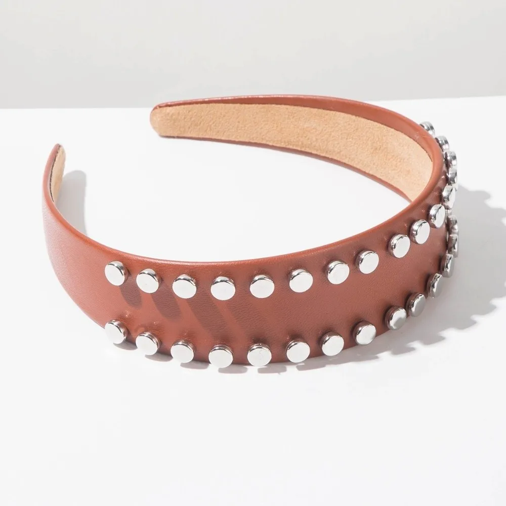 High-end Multi-Color Rivet Headband Vintage Non-Pressure Design Wide Brim Hair Hoop PU Leather Chic Face Wash Headwear Makeup