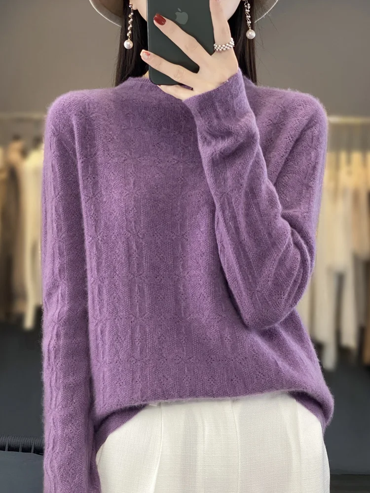 

Women Cashmere Sweater Autumn Winter Basics Hollow Pullover 100% Merino Wool Mock Neck Knitwear Rhombus Knitting Grace Soft Top