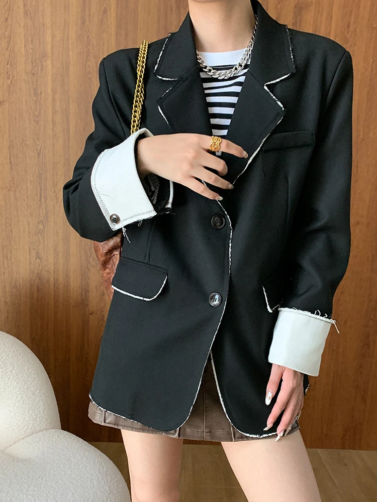 [EAM] Women Black Color-block Burr Big Size Elegant Blazer New Lapel Long Sleeve Jacket Fashion Tide Spring Autumn 2024 1DH6535