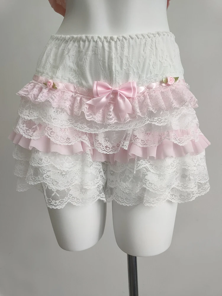 Cute Shorts Women Summer Bow Decoration Pink Lace Patchwork Elastic Waist Lolita Multilayer Bottoming Shorts for Sweet Girls