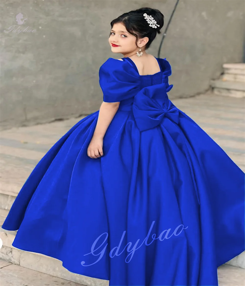

Элегантное платье с цветочным узором для девочек, королевское синее атласное платье с заниженными рукавами на плечах для детского дня рождения, свадьбы, вечеринки, вечерняя одежда