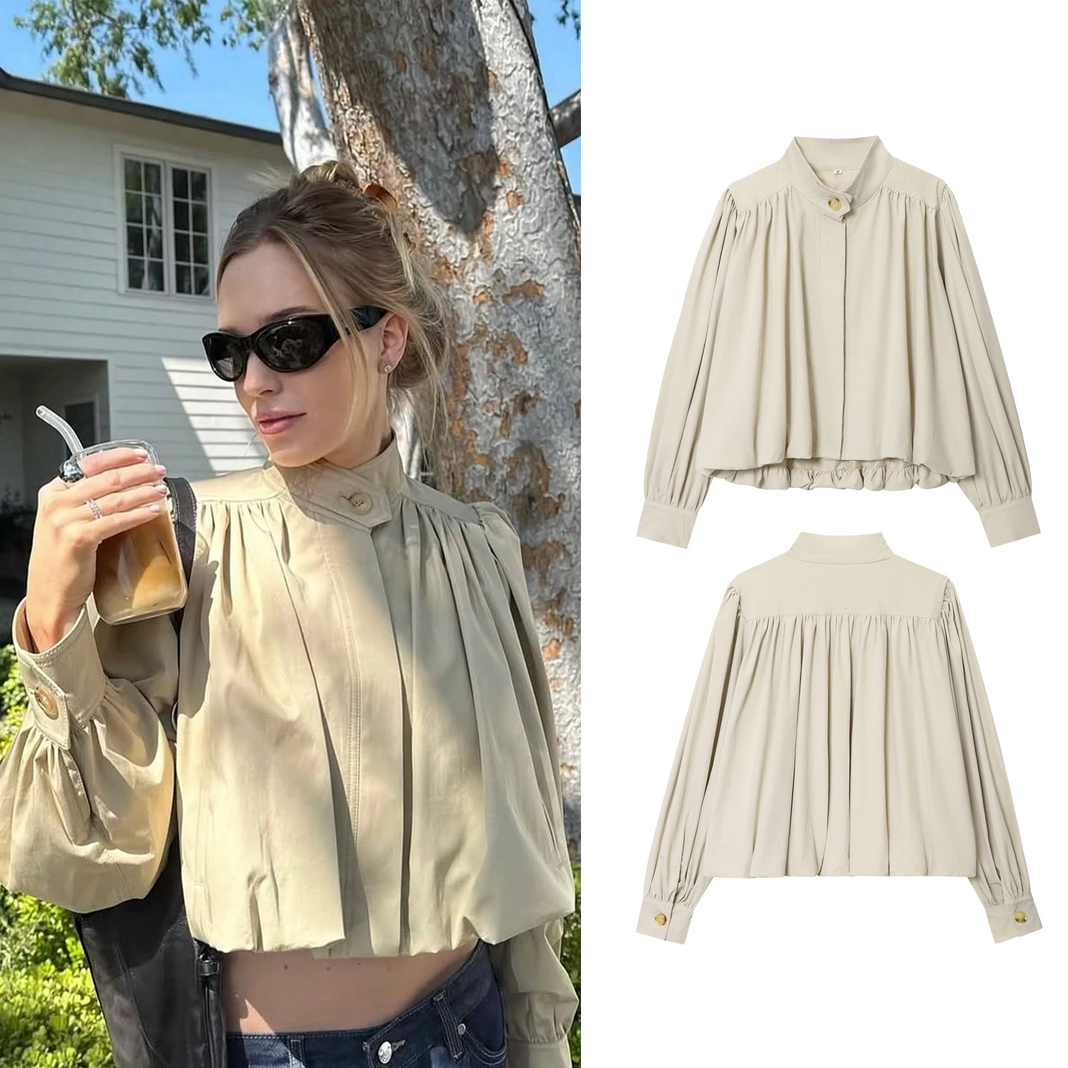 

Women Spring Autumn Elegant Wrinkled Decoration Shirt Jackets Coat Female Long Sleeve Short Overcoat New Fashion Outwear