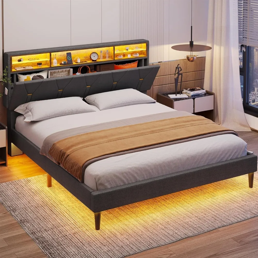 Queen Bed Frame w USB Ports & Outlets, LED Bed Frame Queen Size w Shelf Storage Headboard, Upholstered Platform Bed w LED Lights