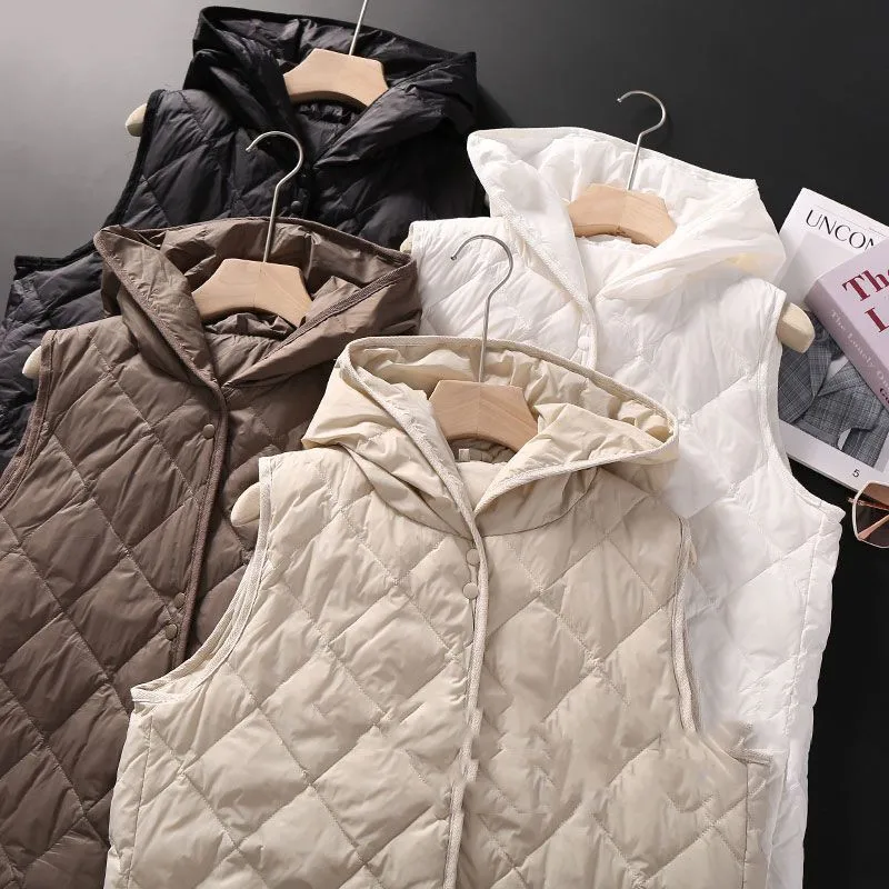 2023 New Spring Lightweight Water-Resistant Packable Plus Size Vest Hooded Pocket Single Breasted Quilted Vests Women Outerwear