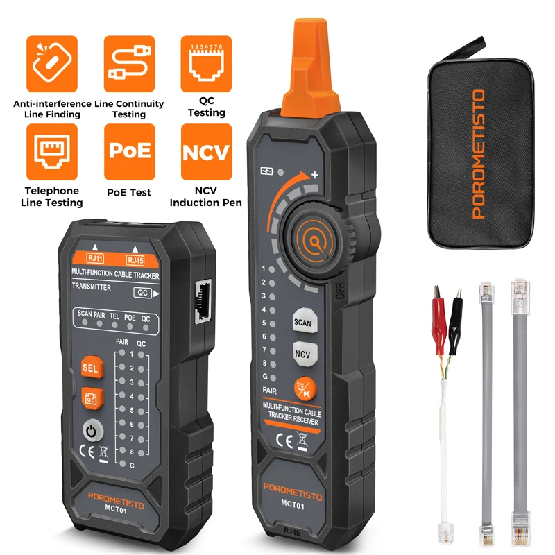 MCT01 RJ11 RJ45 Network Cable Tester for POE Detection, Breakpoint Locating, Continuity Test RJ11 RJ45 Cat5 Cat6 Wire Tracer
