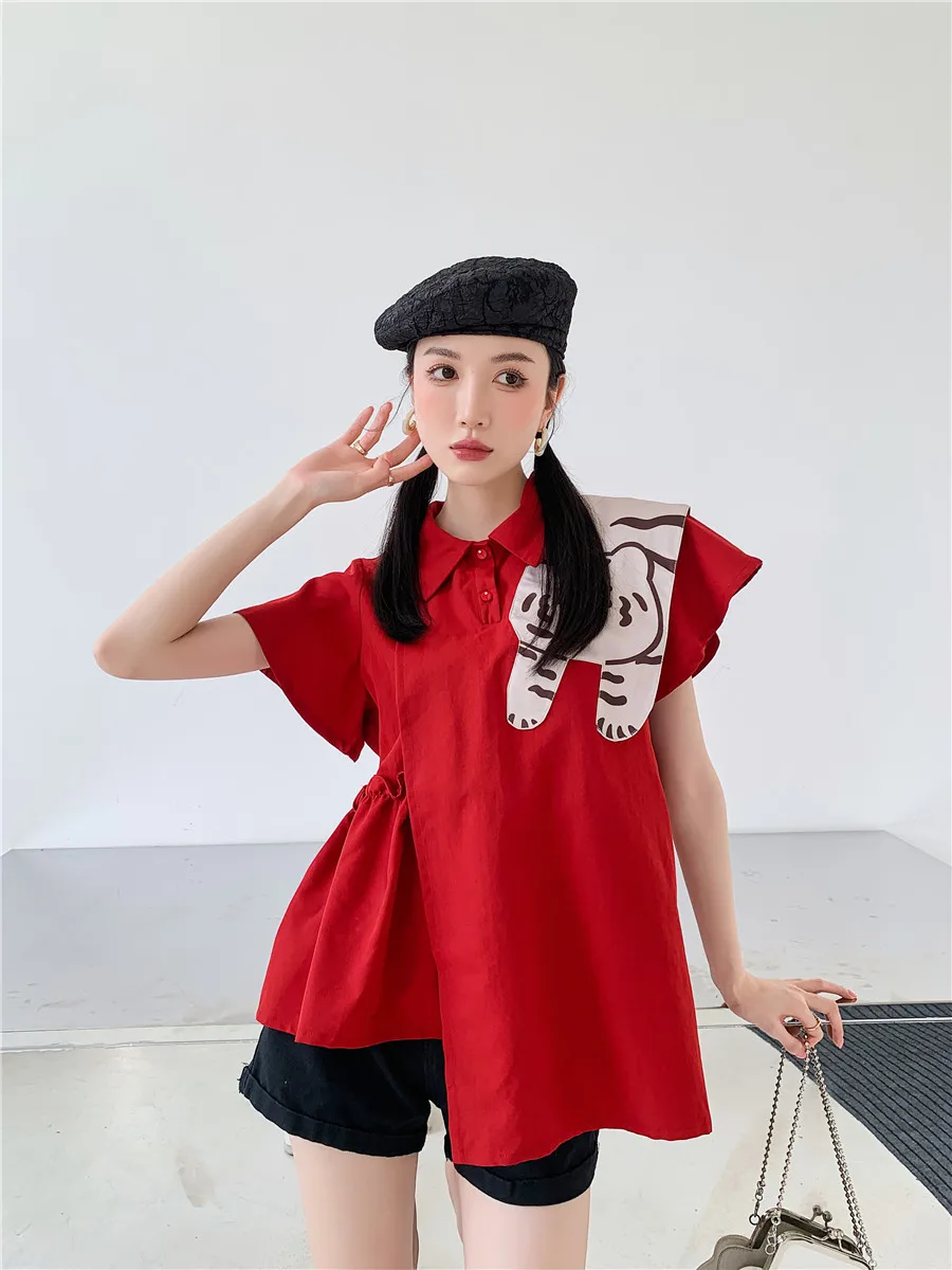 Collage Style Cute Tiger Printed Wine Red Shirt for Women 2023 Summer New Sweet Polo Collar Short Sleeve Top Shirts Feminino