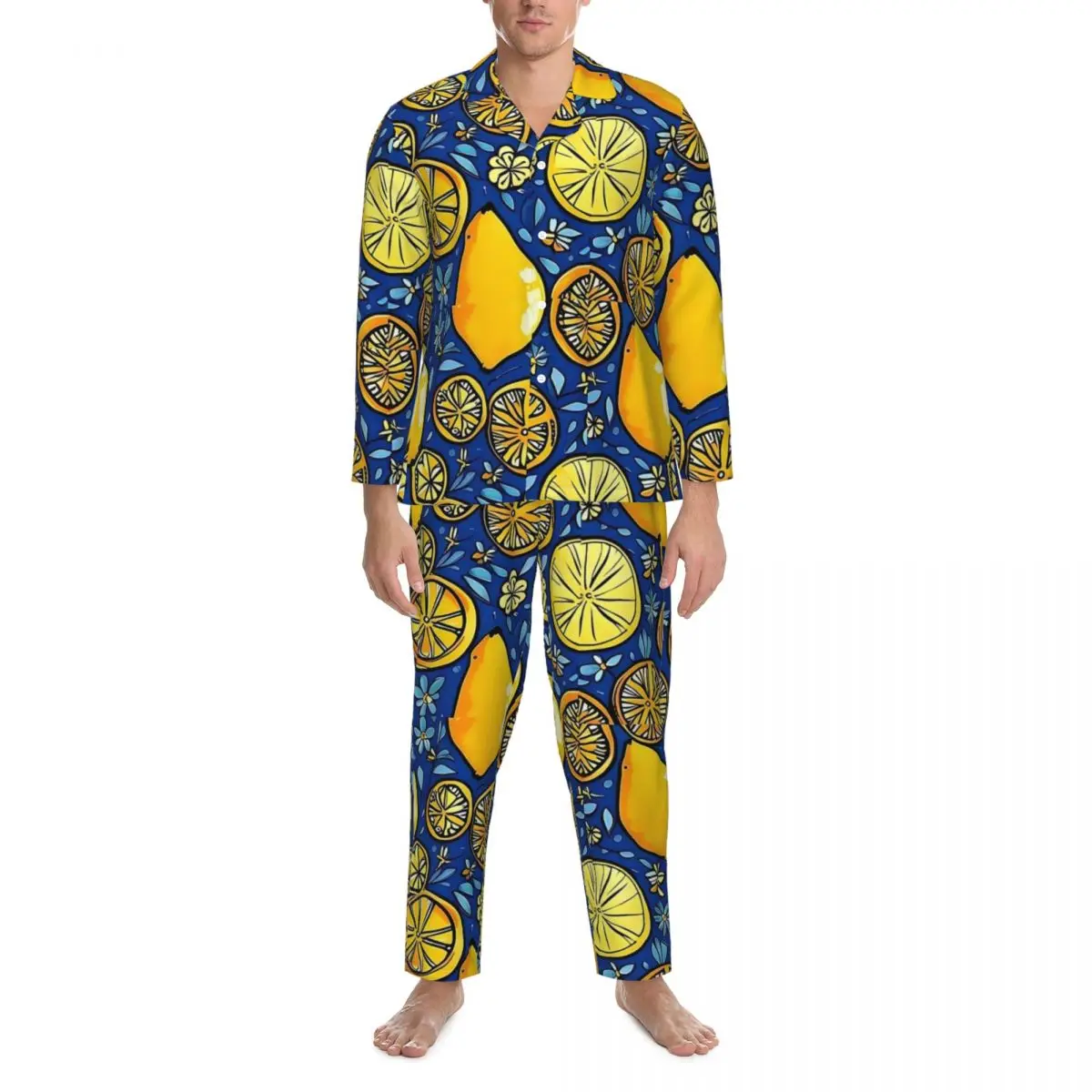 Vêtements de Nuit Décontractés et Surdimensionnés pour Homme, Ensemble de Pyjama à Manches sulf, Imprimé de Fruits, Citron et Floral, Design Chimnight, Trempé à la Maison, Automne