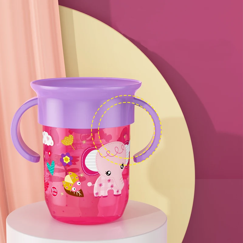 Taza giratoria de dibujos animados para bebé, recipiente de aprendizaje con tapa abatible de doble ASA, a prueba de fugas, sin BPA, 360