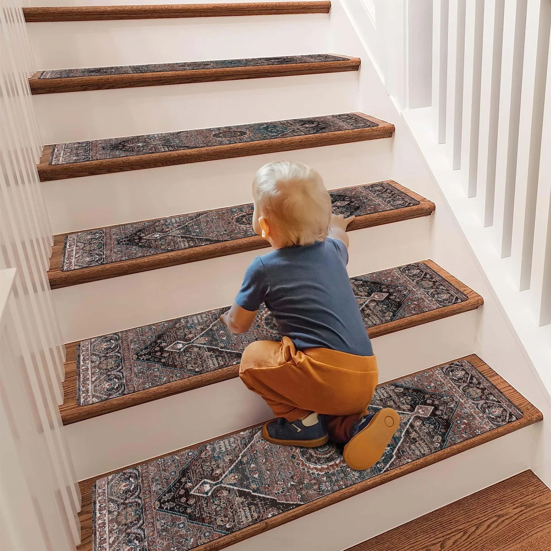 Floor Stairs Stepping Mat Vintage Persian Ethnic Geometry Patterns Stair Carpet 20X76CM Adhesive Anti-slip Water Absorption Rugs