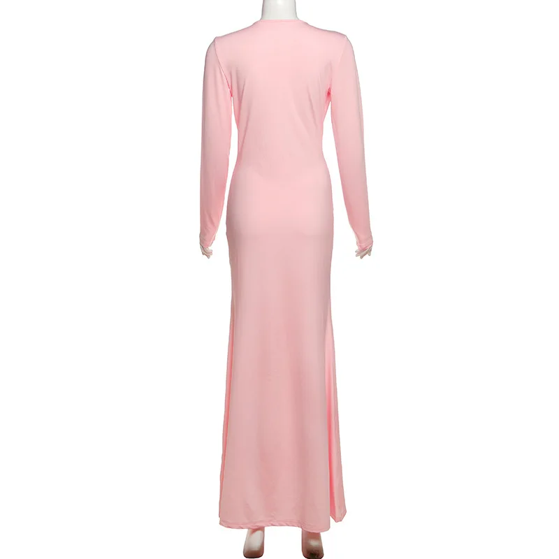 2025 Herfst Vrouwen Elegante Sexy Bodycon Maxi Jurk Diepe V-hals Volledige Mouw Solid Slim Avondjurk Verjaardagsfeestje Lange Gewaad