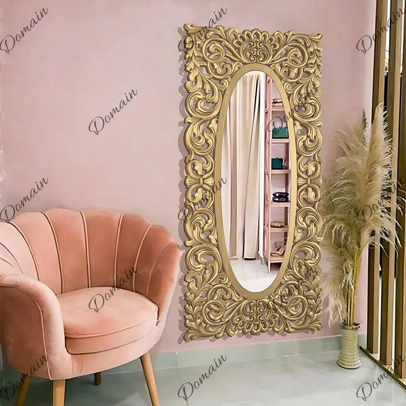 French gold engraved full body floor mirror American retro engraved baroque mirror floor dressing fitting mirror
