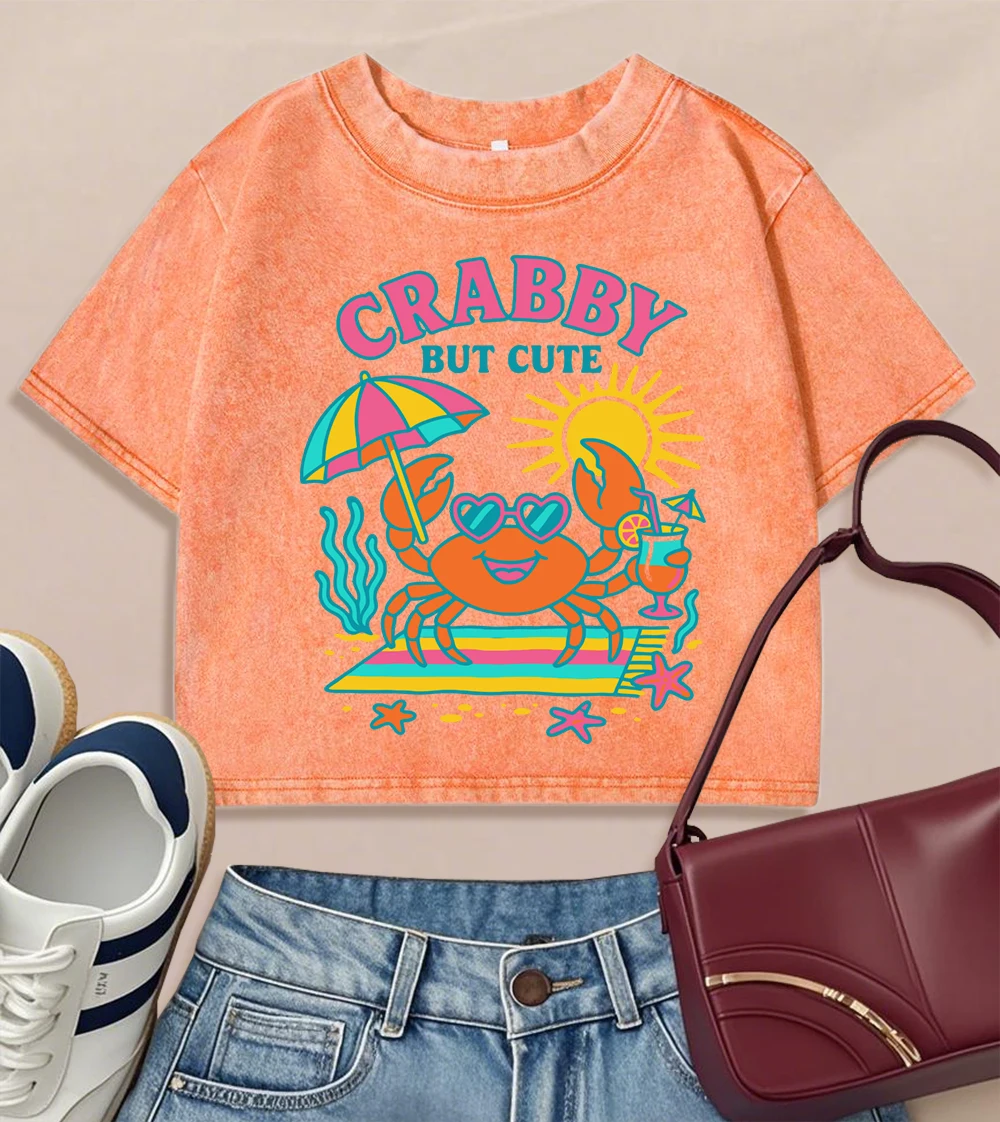 

Crabby But Cute Vacation Crab Prints Washed T-Shirt Women Cotton Casual Tee Shirt Summer Slim Streetwear Crop All-Match Clothes