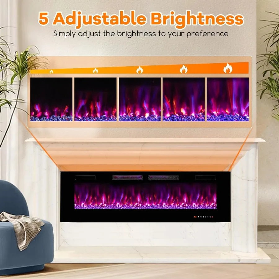 Inserti per caminetto elettrico da 60 pollici Camino da incasso a parete ultra sottile da 3,19 pollici con velocità del colore della fiamma regolabile