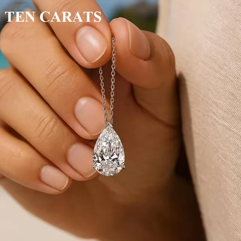 

TEN CARATS Moissanite Necklace Women's 1CT 2CT pear-cut D VVS1 18k Platinum Plated Jewelry 100% sterling silver 925 Pendant
