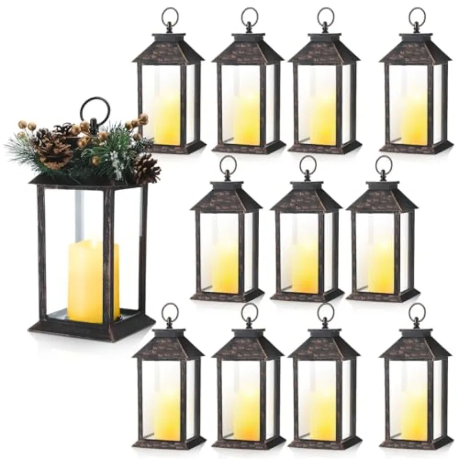 12 Pcs 13 LED Lanterns for Wedding Table Centerpiece, Farmhouse Style, Bronze Metal, Rustic Elegance Dimmable Warm Light