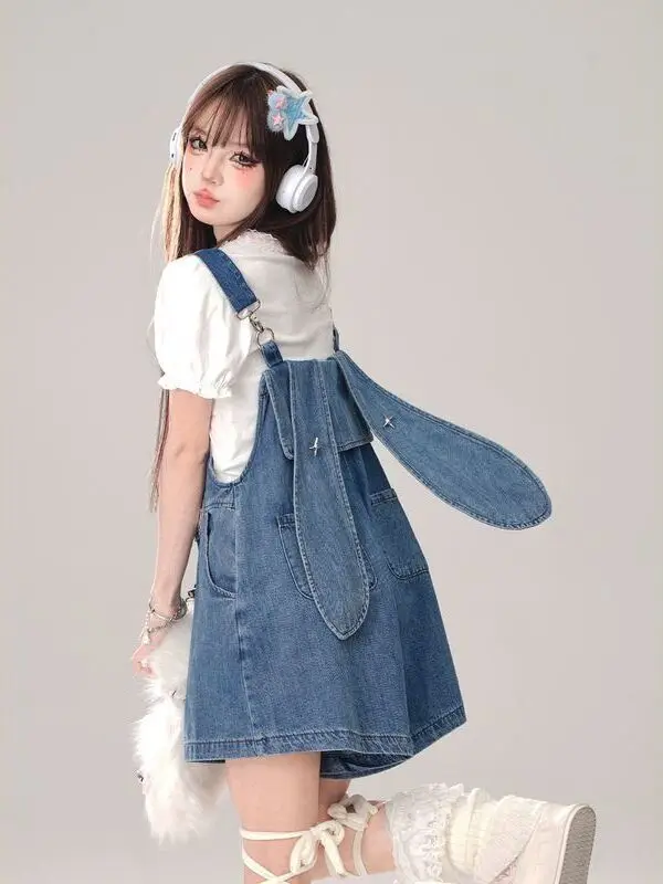 Cute Rabbit Ear Denim Overalls Women's Summer plus Size Slimming One-Piece Pants Trendy And Ageless for plus Size Sisters