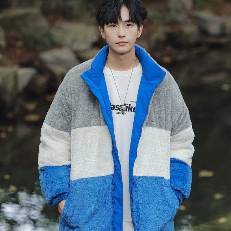 سترة شتوية للرجال ذات وجهين سميكة من القطن بياقة مدورة مخططة من الصوف سترة قطنية مريحة ودافئة وملابس خارجية