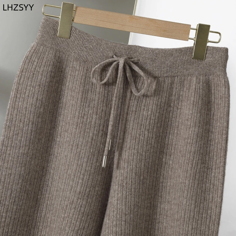 LHZSYY 100%Pure Cashmere Wide-Leg Pants Ladies New Pit Knitted Straight Pants Long Thick Casual Pants High Waist High-End Winter