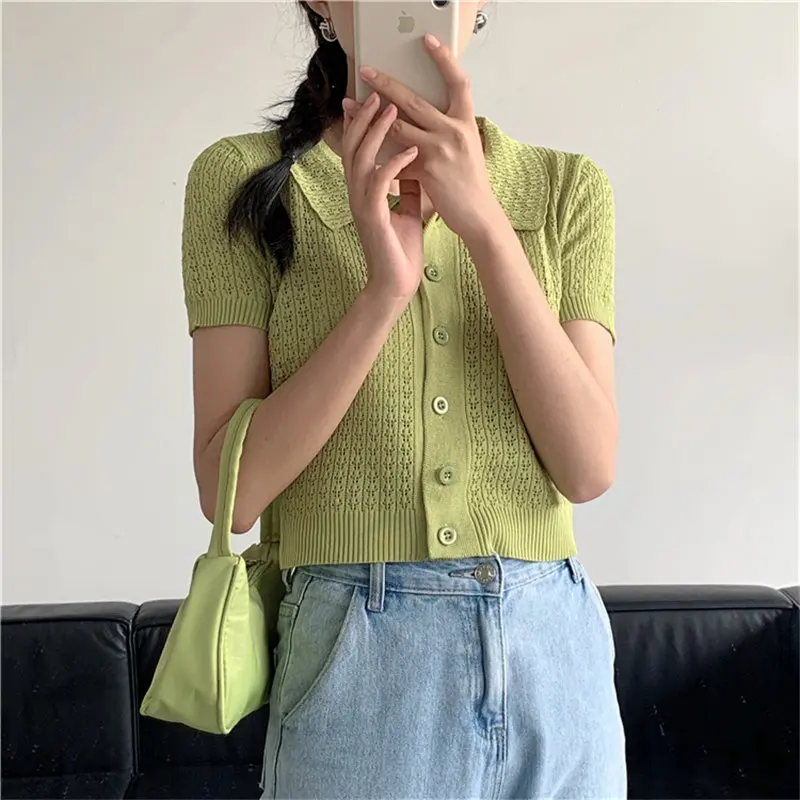 Women 2024 Lapel Hollow Out Short Sleeves Knitted All-Match Solid Fashion Casual Elastic Chic Basic Short Sweaters Streetwear