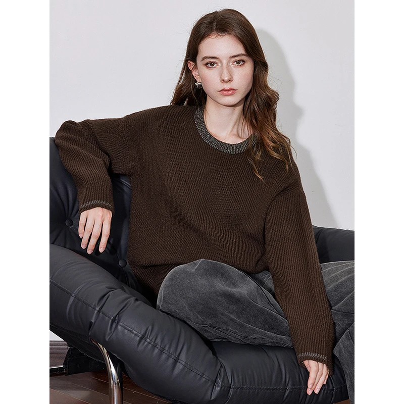 TOYOUTH Women Sweater 2024 Autumn Winter New Lazy Style Round Neck Long Sleeve Solid Color Knitted Pullover Tops